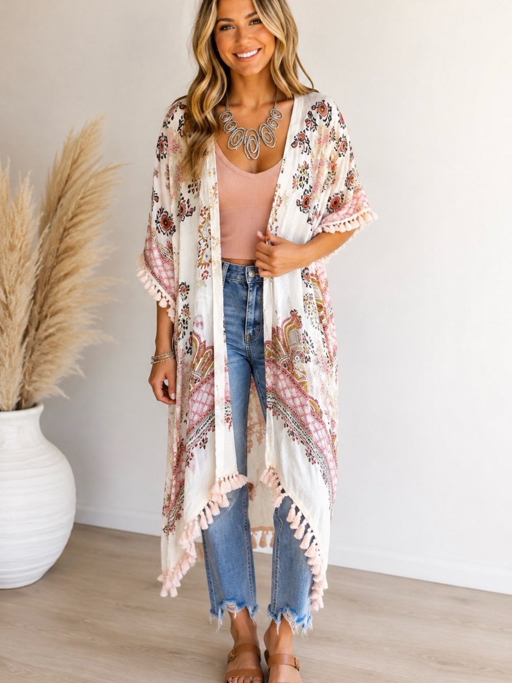 Altar'd State Blush and Ivory Floral Fringe Kimono